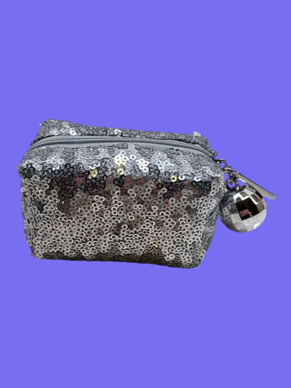 MAC Cosmetics Silver Sequin Small Zipper Pouch Bag Disco Ball Charm